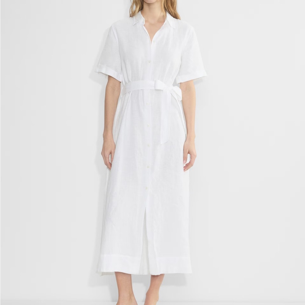 Wilfred NWOT Aritzia Eleta Linen Maxi Collar Short Sleeve Belt White Shirt Dress